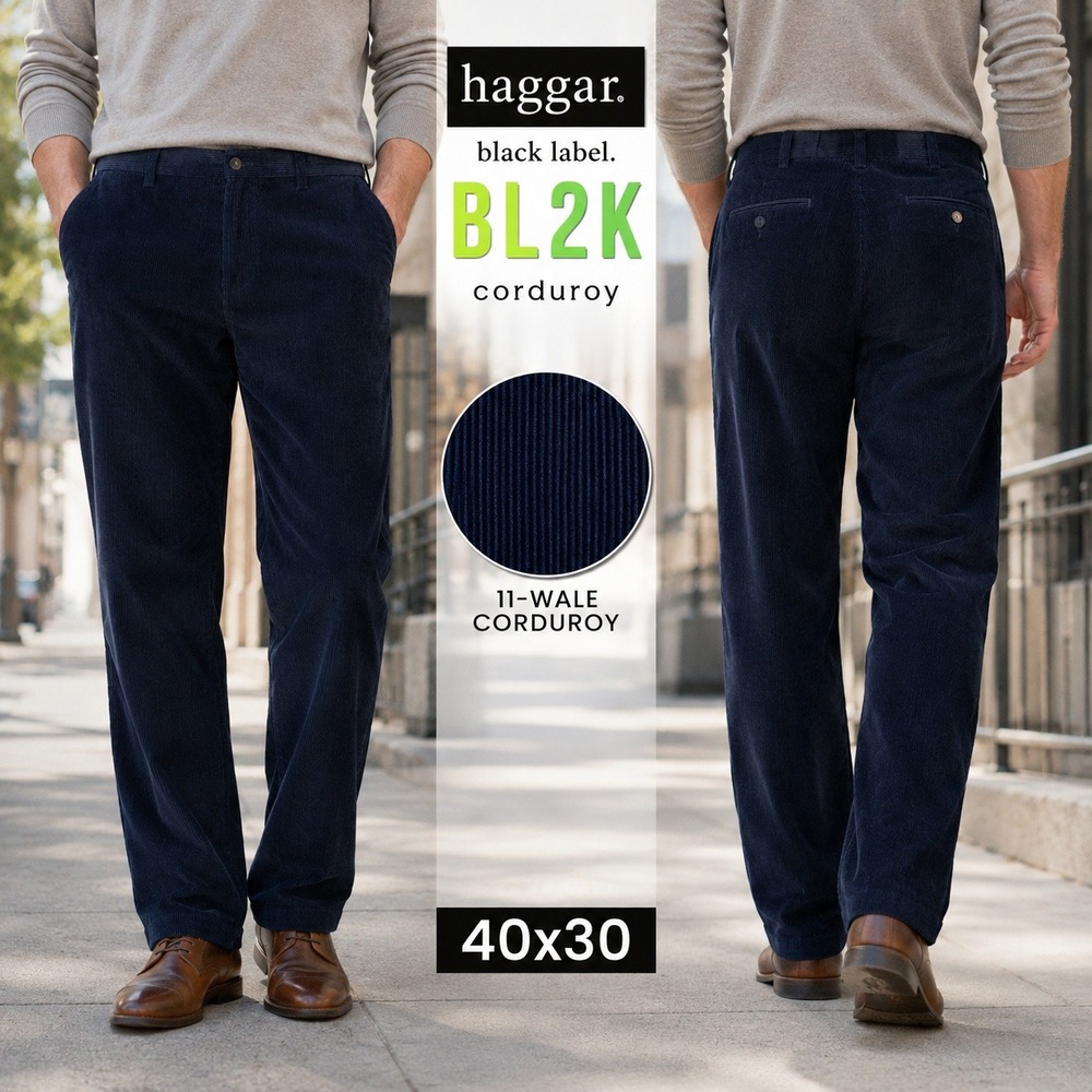 Haggar Black Label BL2K Corduroy Pants NWT Mens 40x30 Navy Blue Front 11-Wale